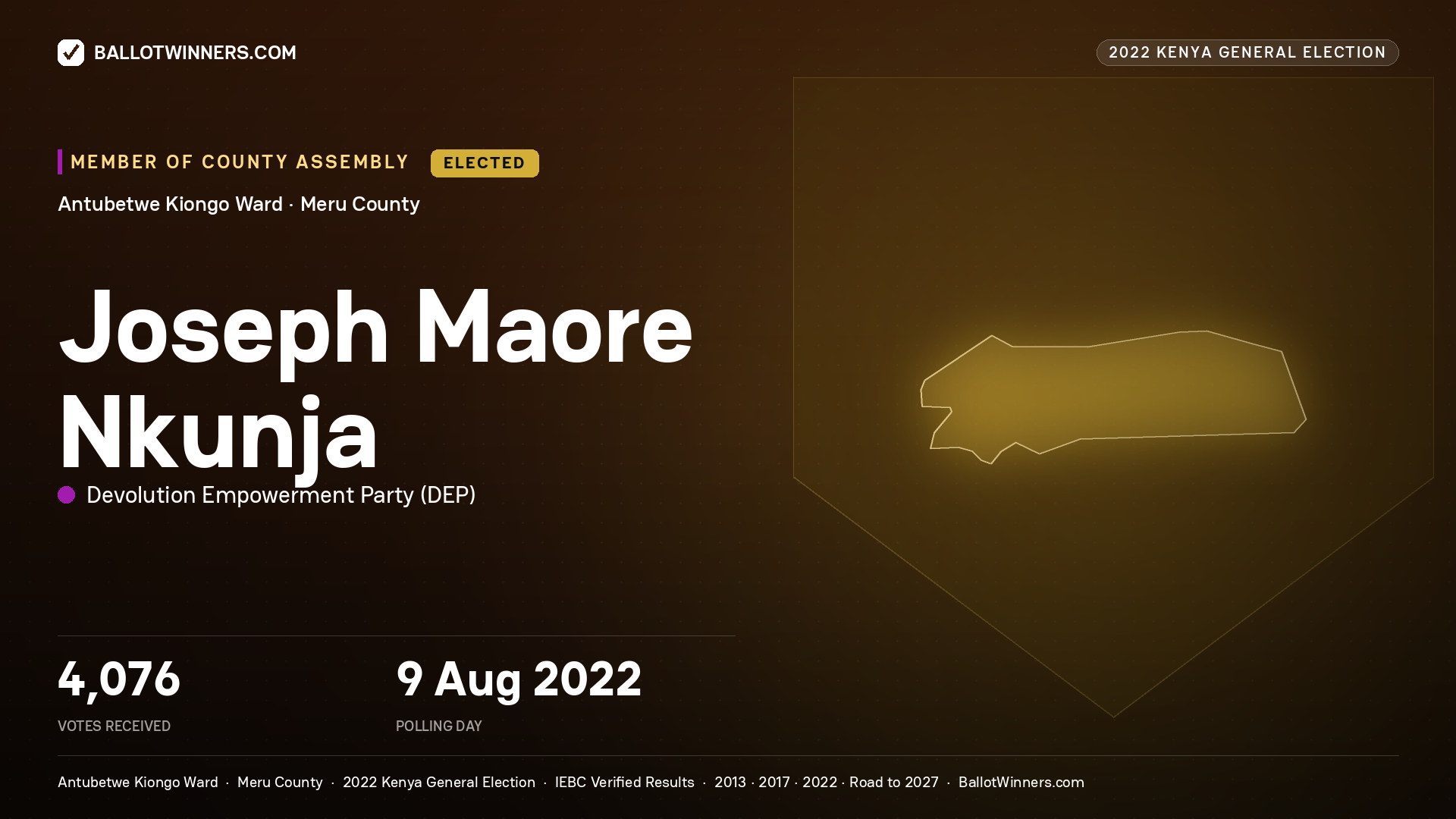 Joseph Maore Nkunja, Devolution Empowerment Party, elected Member of County Assembly for Antubetwe Kiongo, 4,076 votes, 2022 Kenya general election.