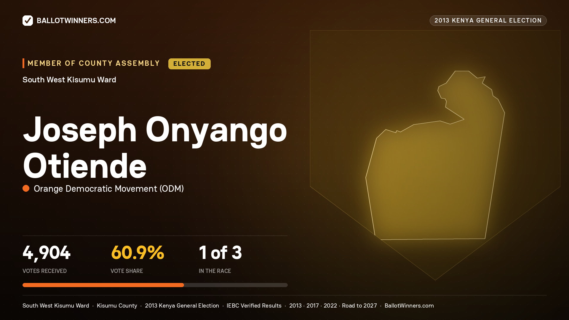 JOSEPH ONYANGO OTIENDE, elected Member of County Assembly for SOUTH WEST KISUMU, 4,904 votes, 2013 Kenya general election.