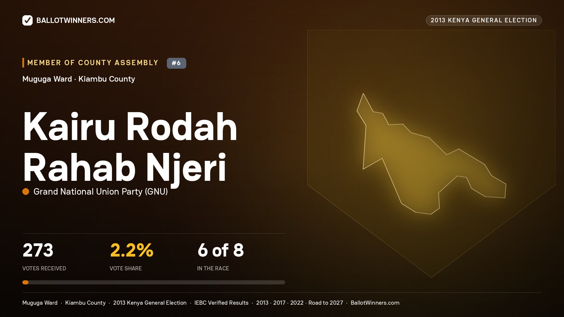 KAIRU RODAH RAHAB NJERI, contested Member of County Assembly for MUGUGA, 273 votes, 2013 Kenya general election.