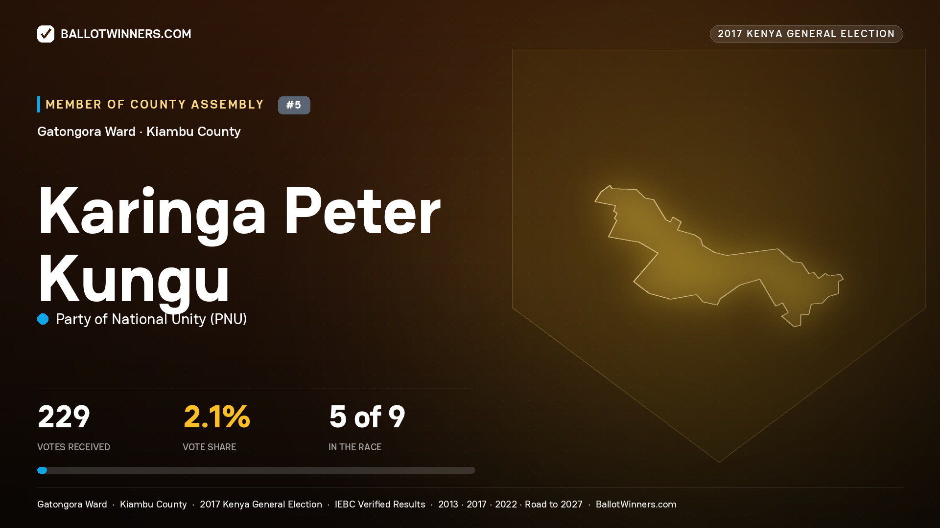 KARINGA PETER KUNGU, PARTY OF NATIONAL UNITY, contested Member of County Assembly for GATONGORA, 229 votes, 2017 Kenya general election.