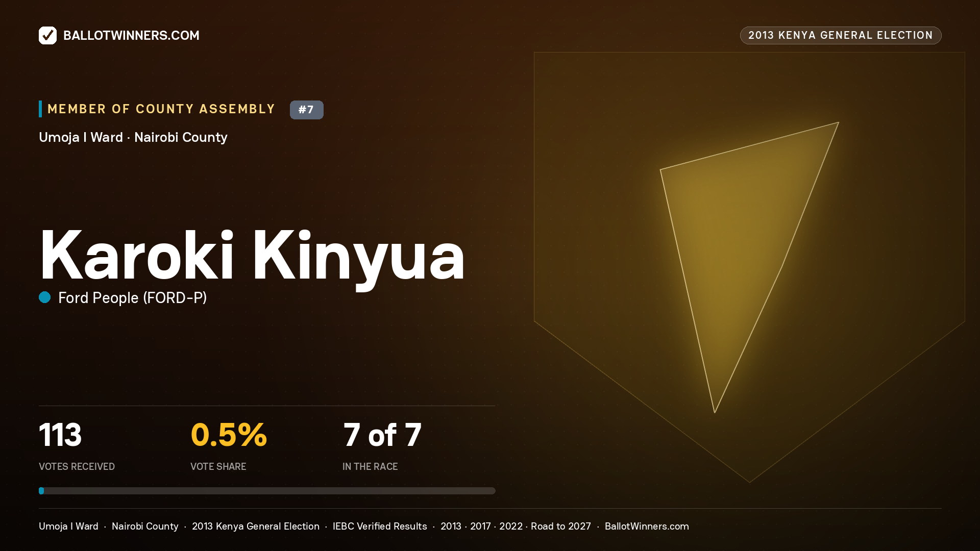 KAROKI KINYUA, contested Member of County Assembly for UMOJA I, 113 votes, 2013 Kenya general election.