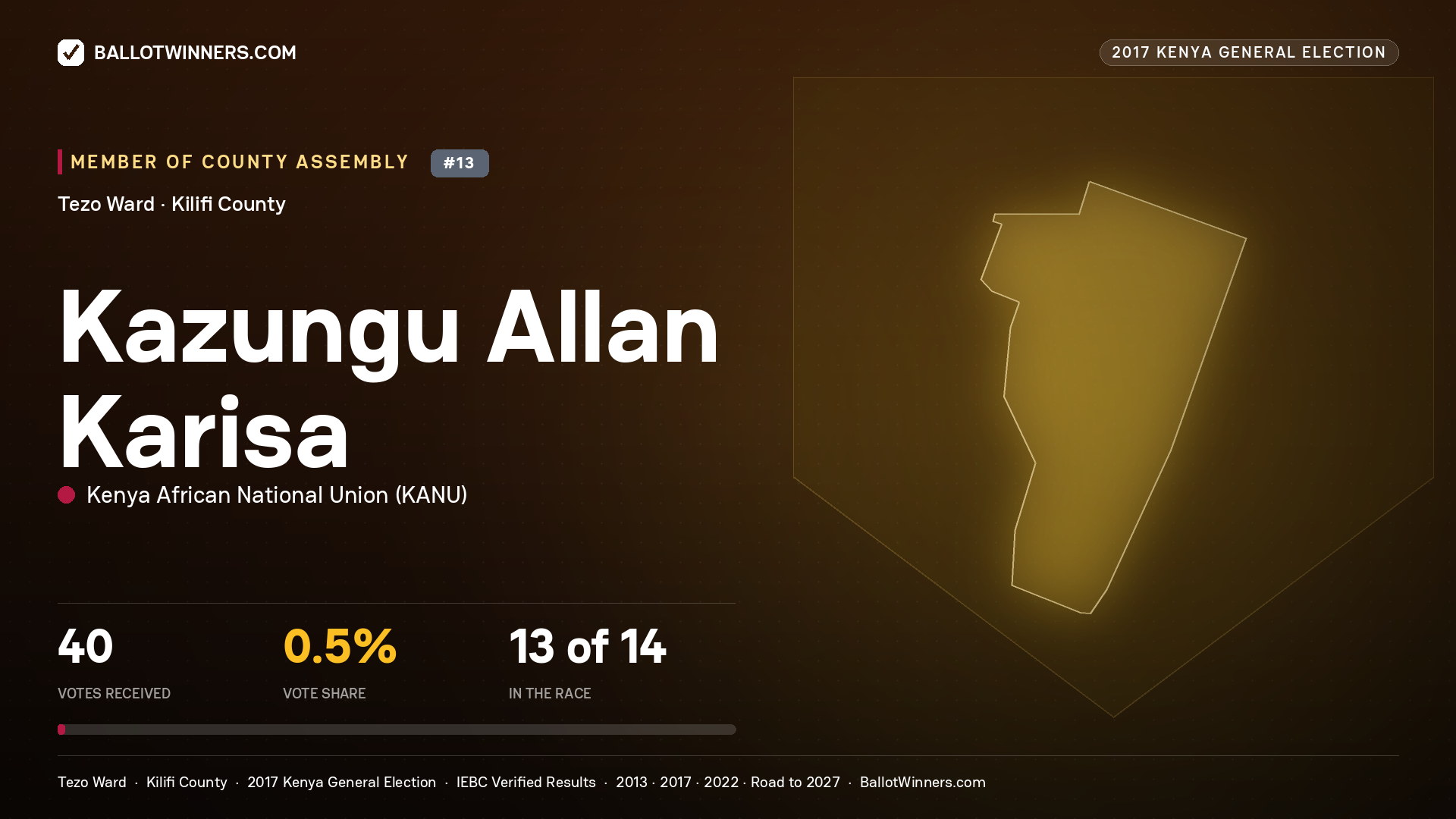 KAZUNGU ALLAN  KARISA, KENYA AFRICAN NATIONAL UNION, contested Member of County Assembly for TEZO, 40 votes, 2017 Kenya general election.