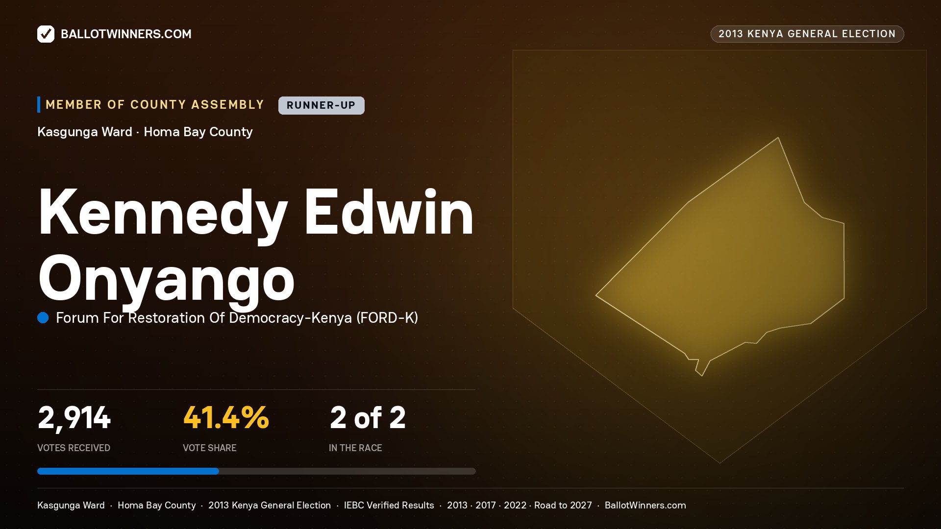 KENNEDY EDWIN ONYANGO, contested Member of County Assembly for KASGUNGA, 2,914 votes, 2013 Kenya general election.