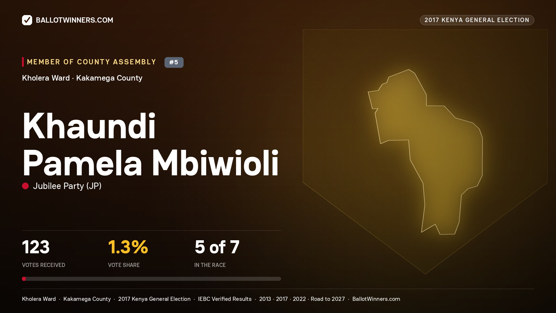 KHAUNDI PAMELA MBIWIOLI, JUBILEE PARTY, contested Member of County Assembly for KHOLERA, 123 votes, 2017 Kenya general election.