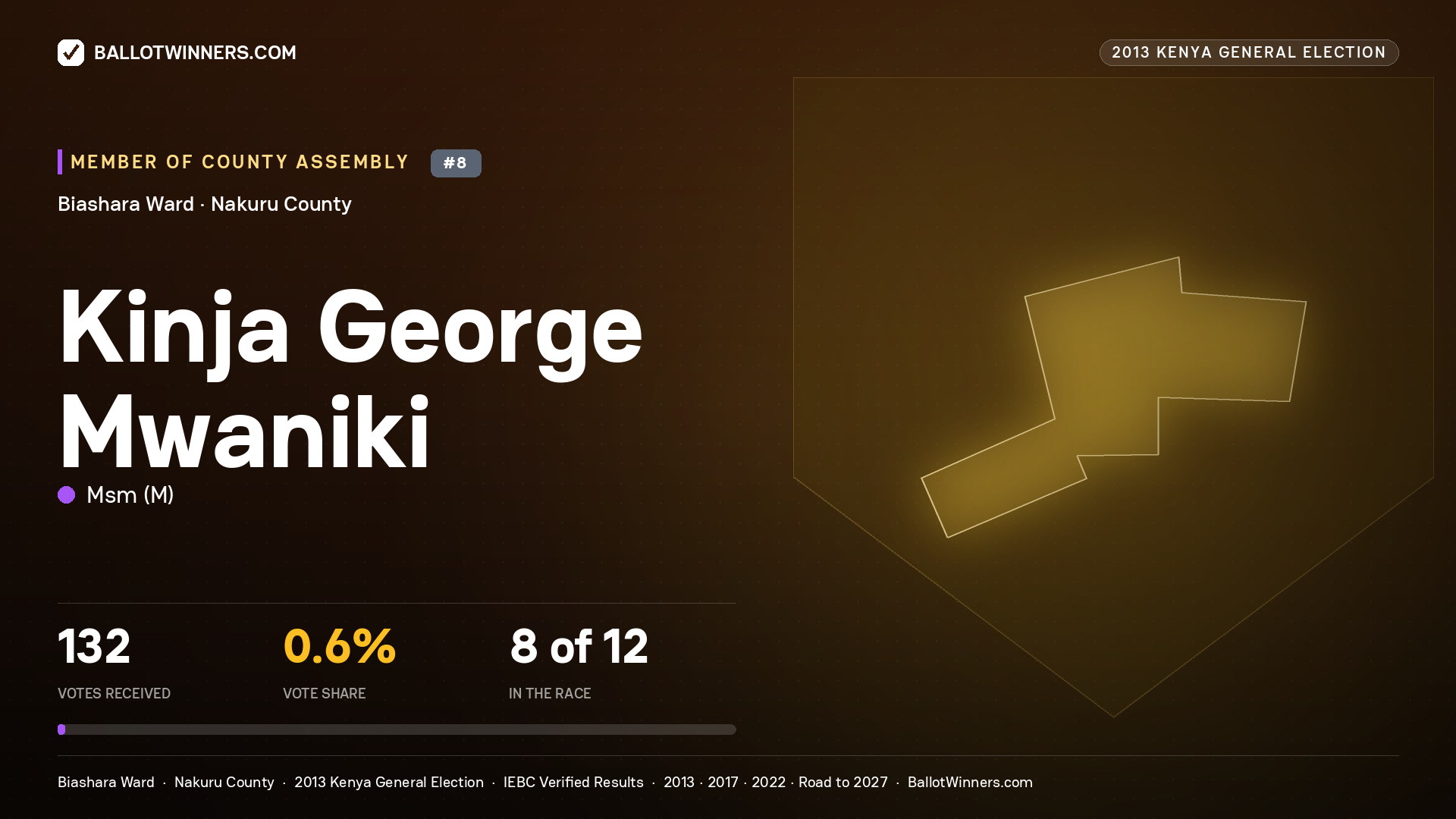 KINJA GEORGE MWANIKI, contested Member of County Assembly for BIASHARA, 132 votes, 2013 Kenya general election.