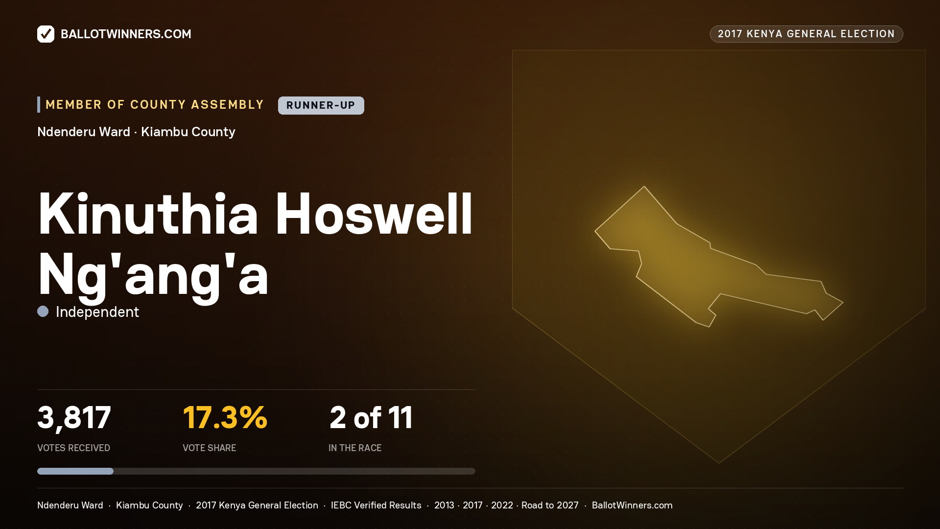KINUTHIA HOSWELL NG'ANG'A, INDEPENDENT, contested Member of County Assembly for NDENDERU, 3,817 votes, 2017 Kenya general election.