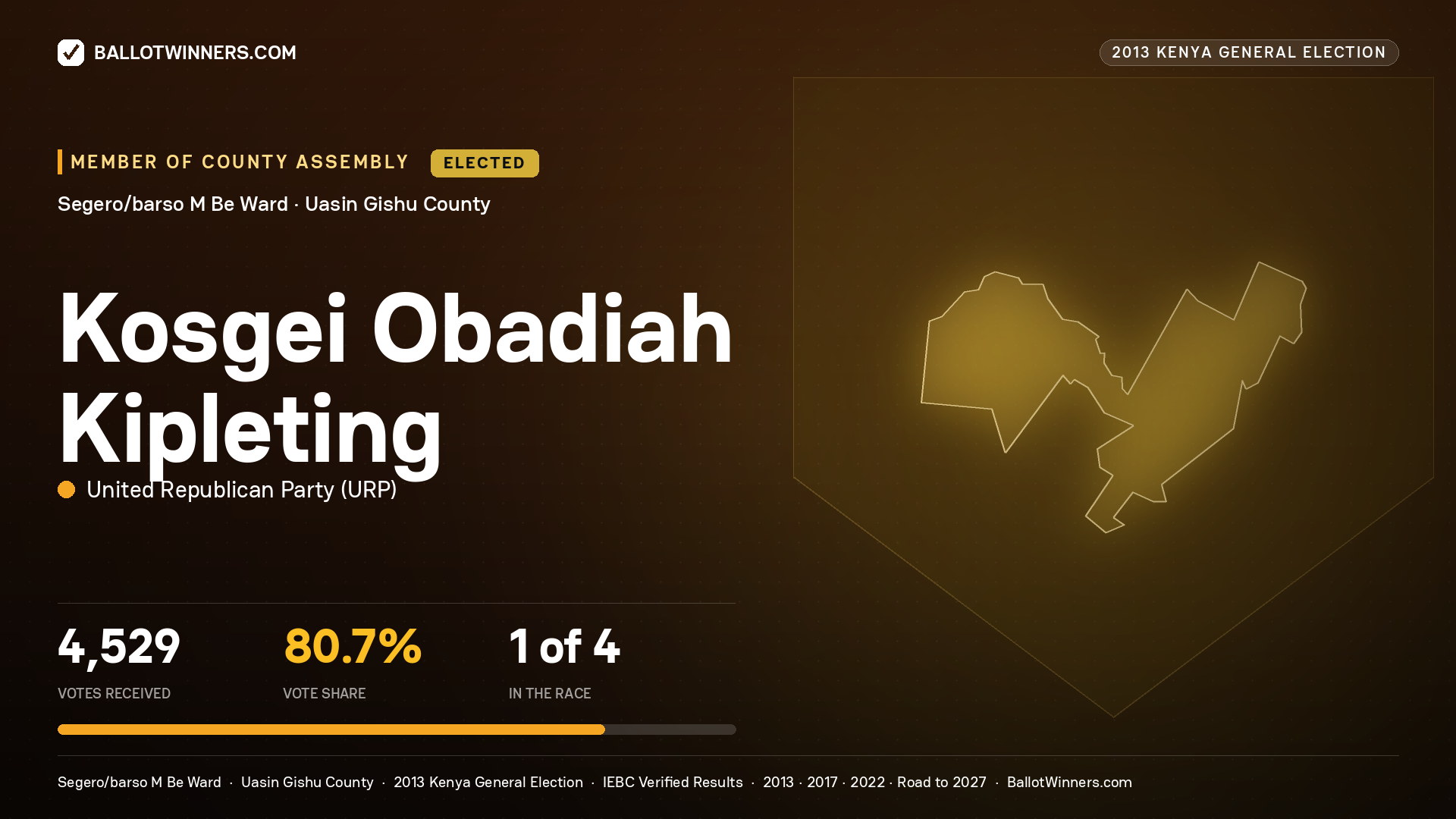 KOSGEI OBADIAH KIPLETING, elected Member of County Assembly for SEGERO/BARSO M BE, 4,529 votes, 2013 Kenya general election.