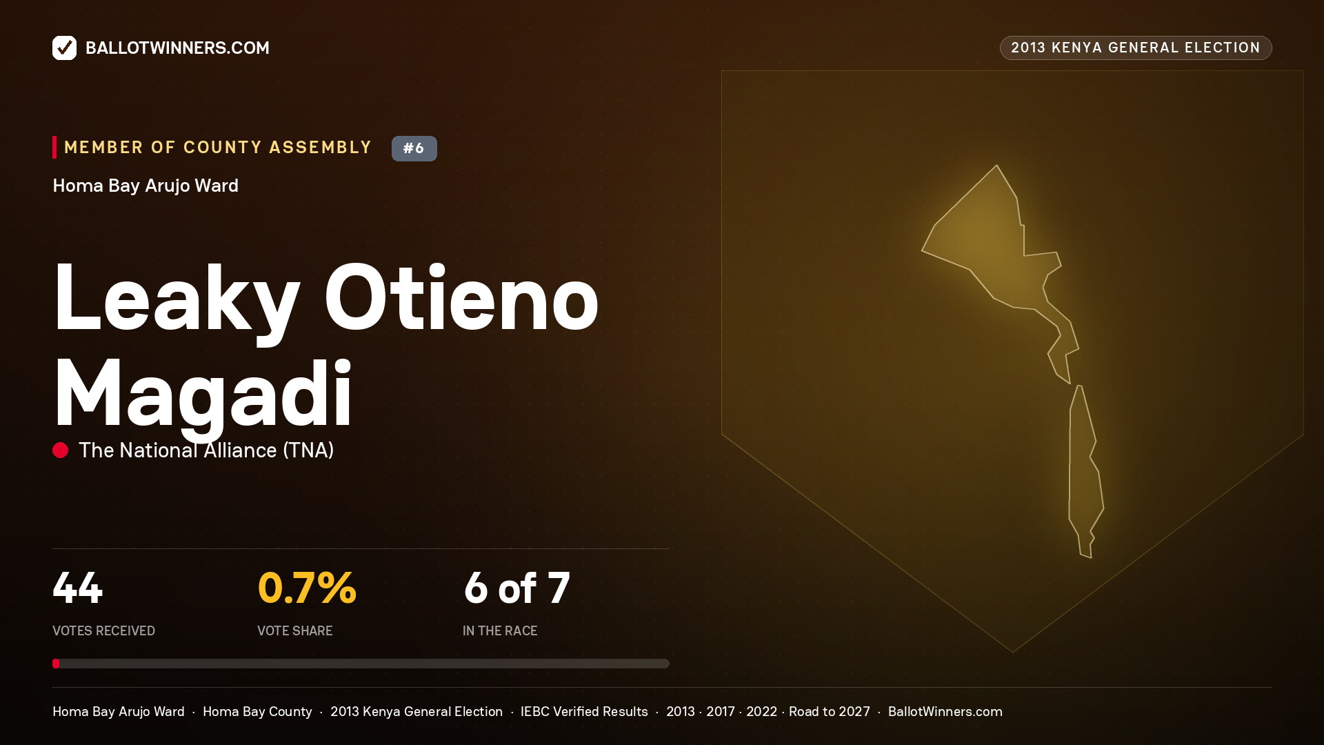 LEAKY OTIENO MAGADI, contested Member of County Assembly for HOMA BAY ARUJO, 44 votes, 2013 Kenya general election.