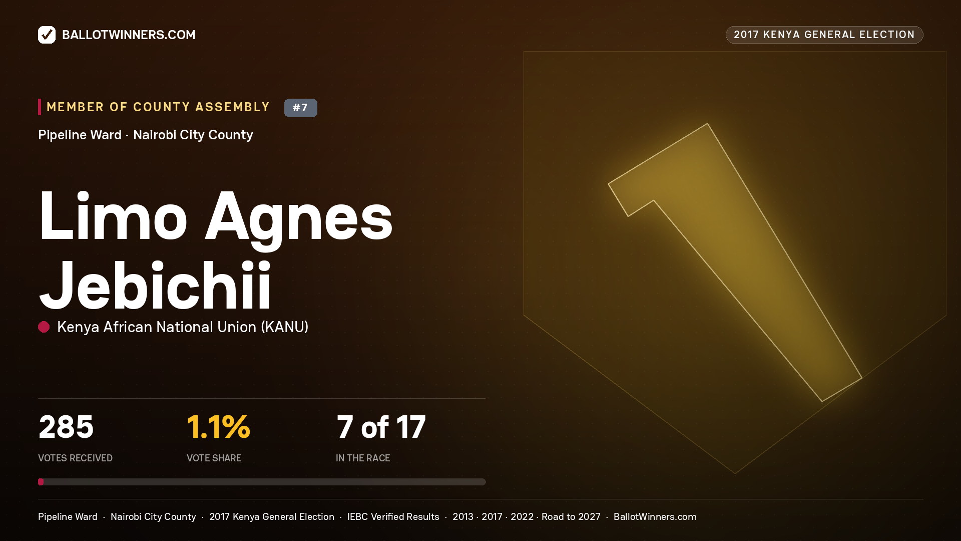 LIMO AGNES  JEBICHII, KENYA AFRICAN NATIONAL UNION, contested Member of County Assembly for PIPELINE, 285 votes, 2017 Kenya general election.