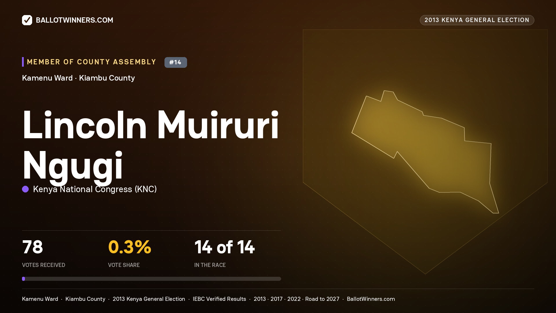 LINCOLN   MUIRURI NGUGI, contested Member of County Assembly for KAMENU, 78 votes, 2013 Kenya general election.