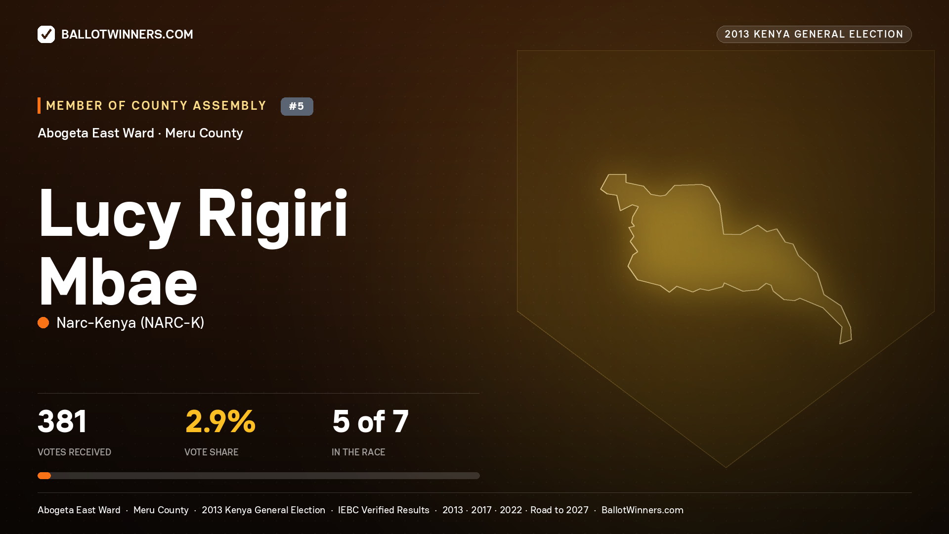 LUCY RIGIRI MBAE, contested Member of County Assembly for ABOGETA EAST, 381 votes, 2013 Kenya general election.
