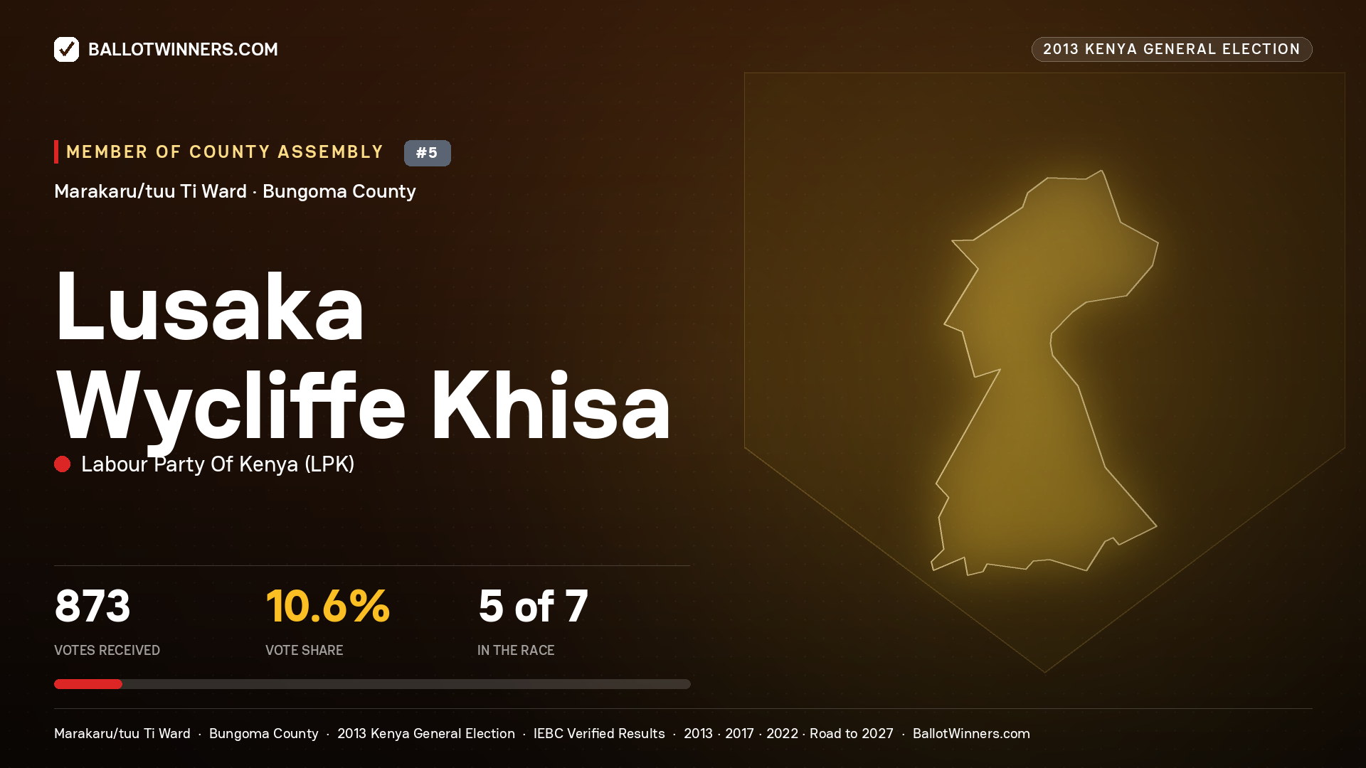 LUSAKA WYCLIFFE KHISA, contested Member of County Assembly for MARAKARU/TUU
TI, 873 votes, 2013 Kenya general election.