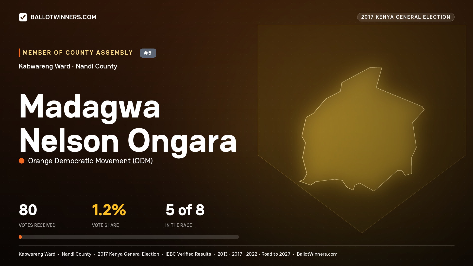 MADAGWA NELSON ONGARA, ORANGE DEMOCRATIC MOVEMENT, contested Member of County Assembly for KABWARENG, 80 votes, 2017 Kenya general election.