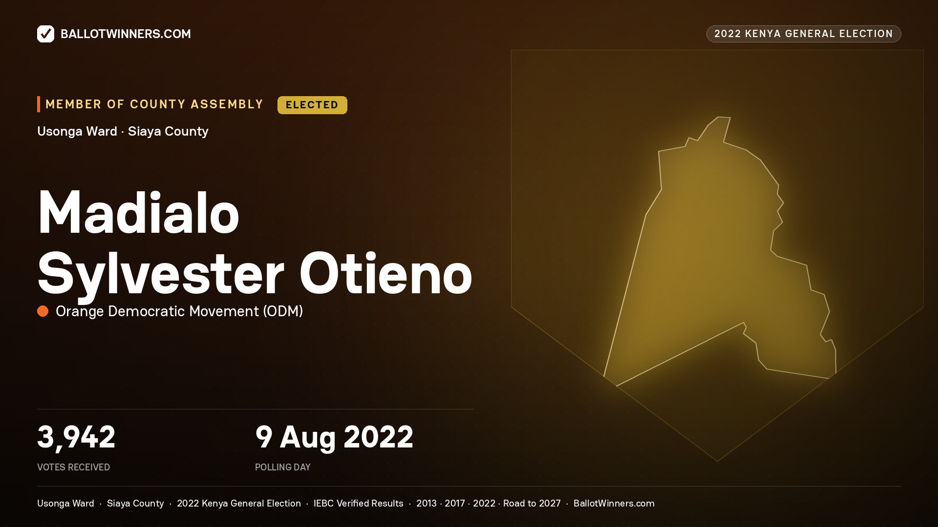 Madialo Sylvester Otieno, Orange Democratic Movement, elected Member of County Assembly for Usonga, 3,942 votes, 2022 Kenya general election.