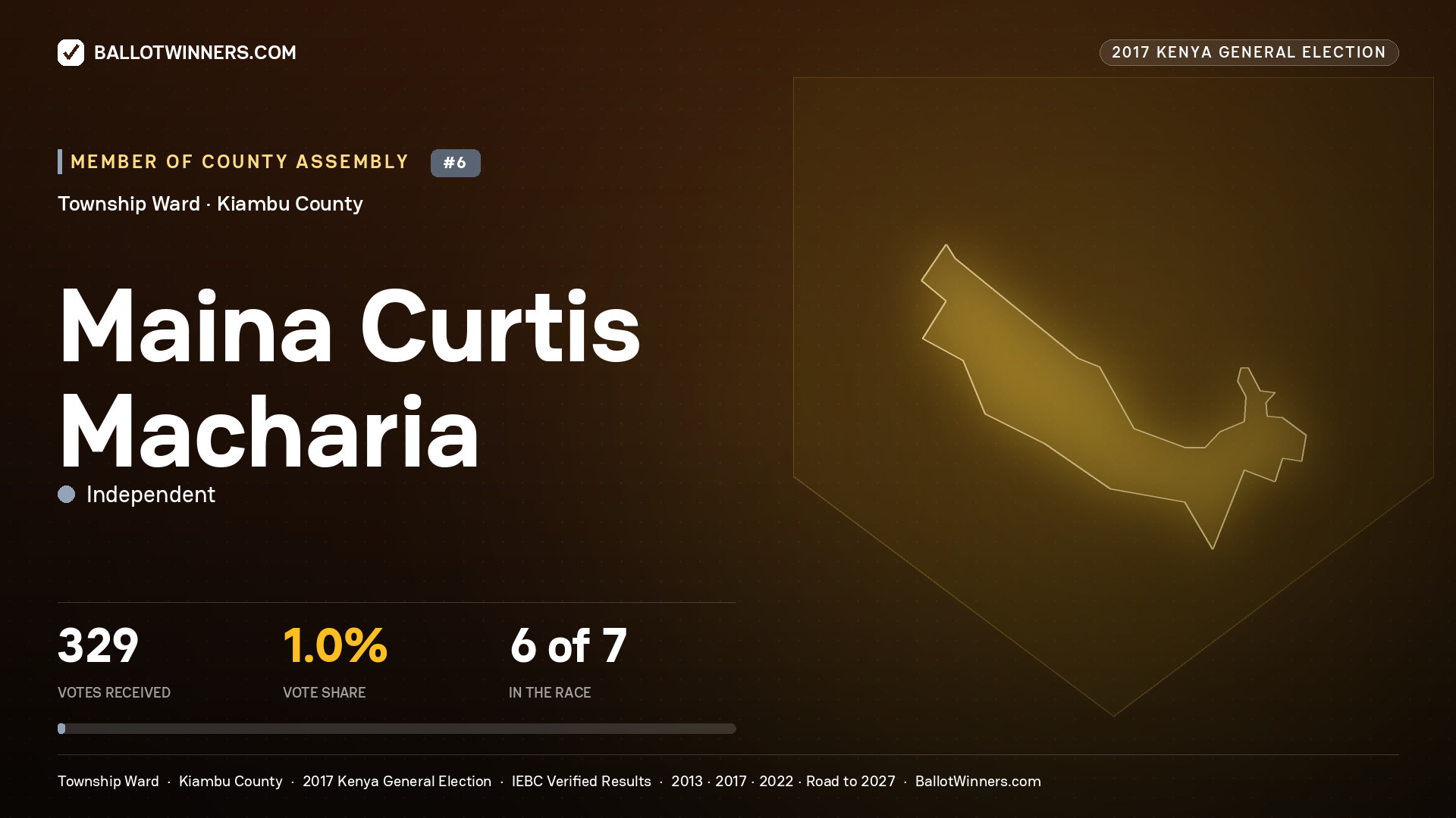 MAINA CURTIS MACHARIA, INDEPENDENT, contested Member of County Assembly for TOWNSHIP, 329 votes, 2017 Kenya general election.