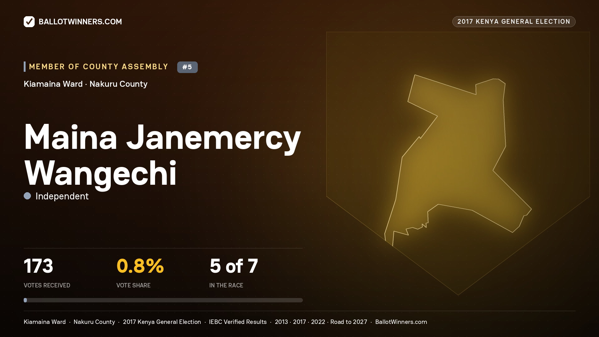 MAINA JANEMERCY WANGECHI, INDEPENDENT, contested Member of County Assembly for KIAMAINA, 173 votes, 2017 Kenya general election.