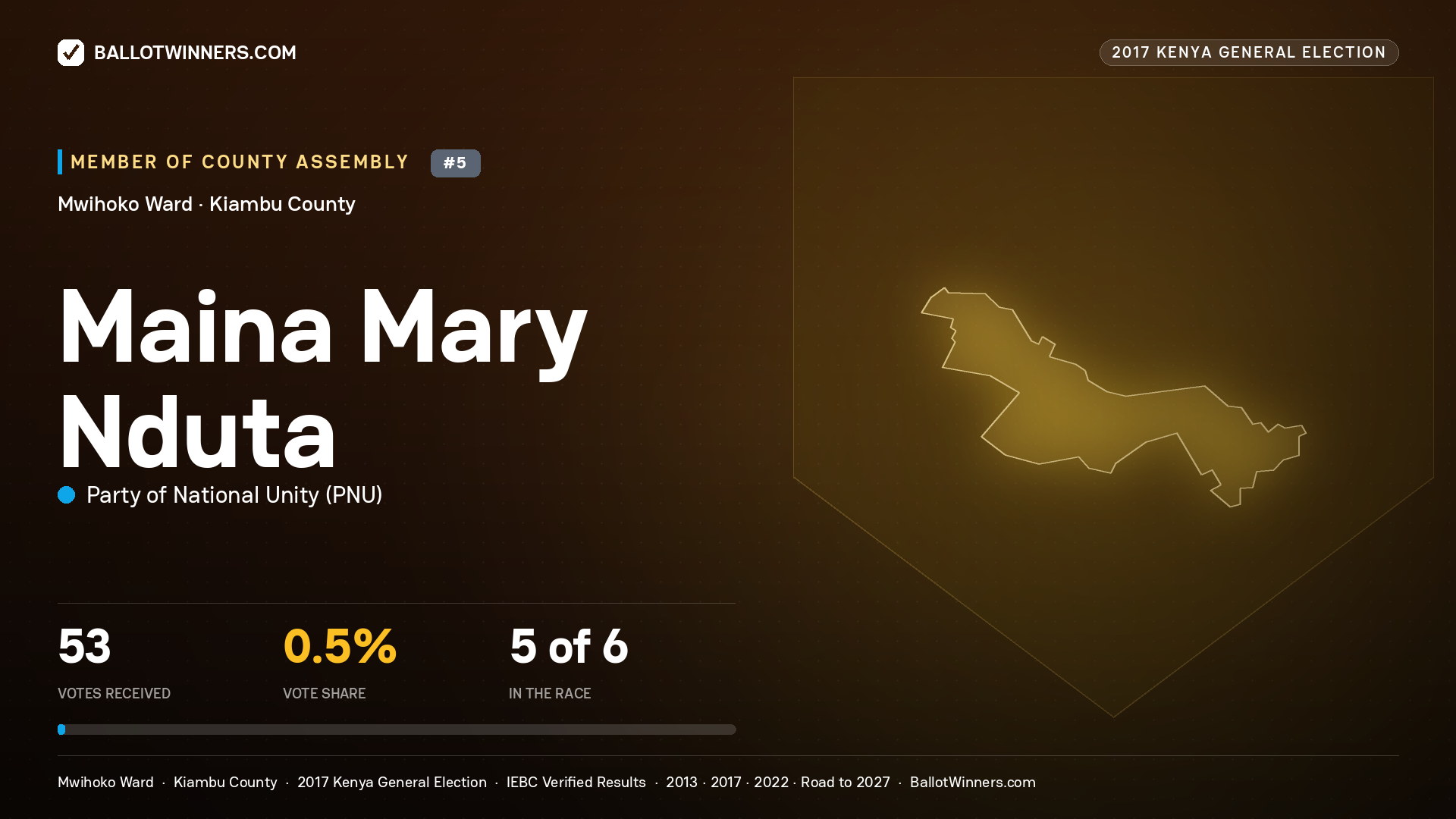 MAINA MARY NDUTA, PARTY OF NATIONAL UNITY, contested Member of County Assembly for MWIHOKO, 53 votes, 2017 Kenya general election.