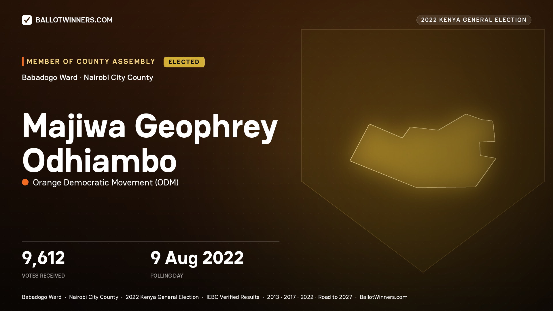 Majiwa Geophrey Odhiambo, Orange Democratic Movement, elected Member of County Assembly for Babadogo, 9,612 votes, 2022 Kenya general election.