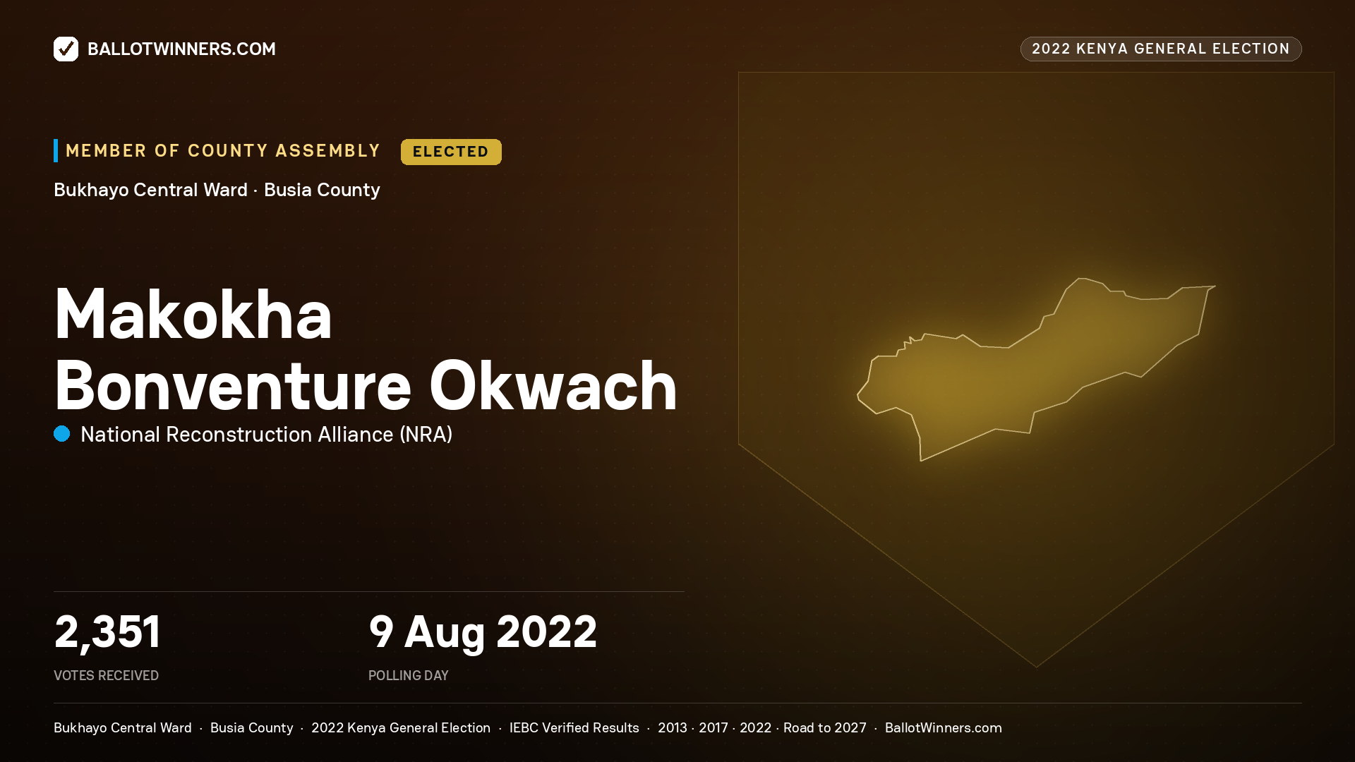 Makokha Bonventure Okwach, National Reconstruction Alliance, elected Member of County Assembly for Bukhayo Central, 2,351 votes, 2022 Kenya general election.