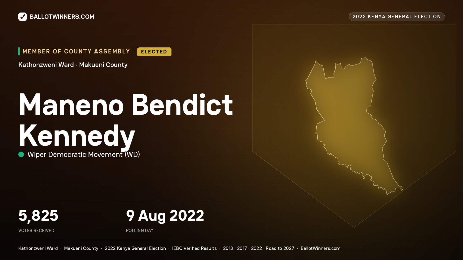 Maneno Bendict Kennedy, Wiper Democratic Movement, elected Member of County Assembly for Kathonzweni, 5,825 votes, 2022 Kenya general election.