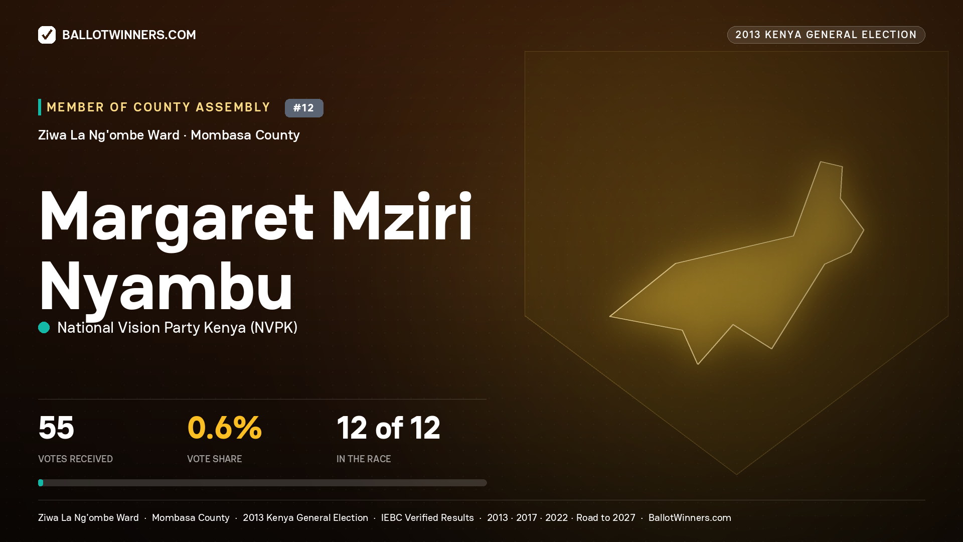 MARGARET MZIRI NYAMBU, contested Member of County Assembly for ZIWA LA NG'OMBE, 55 votes, 2013 Kenya general election.
