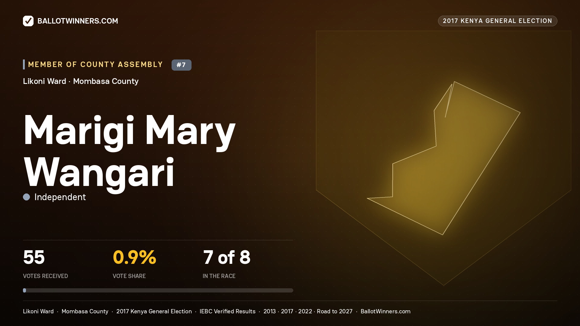MARIGI MARY WANGARI, INDEPENDENT, contested Member of County Assembly for LIKONI, 55 votes, 2017 Kenya general election.