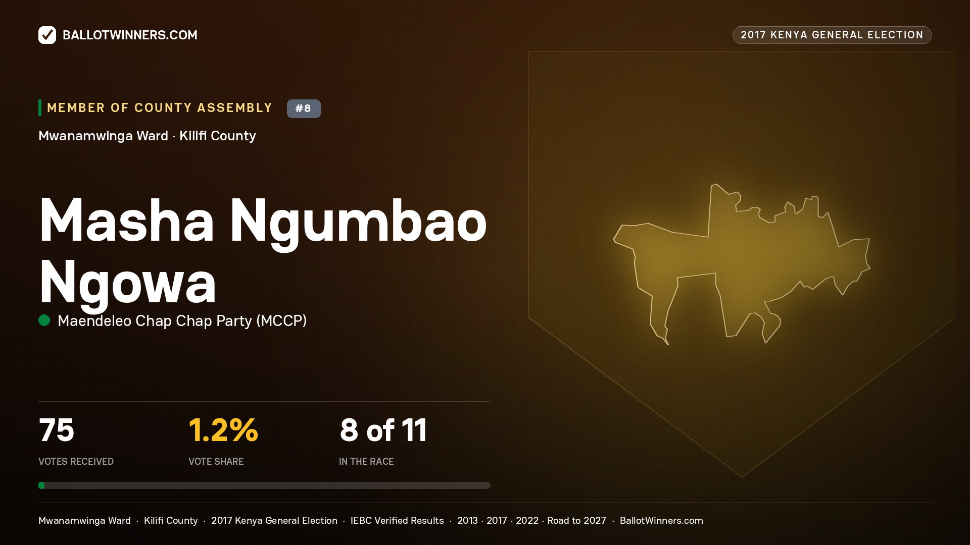 MASHA NGUMBAO NGOWA, MAENDELEO CHAP CHAP PARTY, contested Member of County Assembly for MWANAMWINGA, 75 votes, 2017 Kenya general election.
