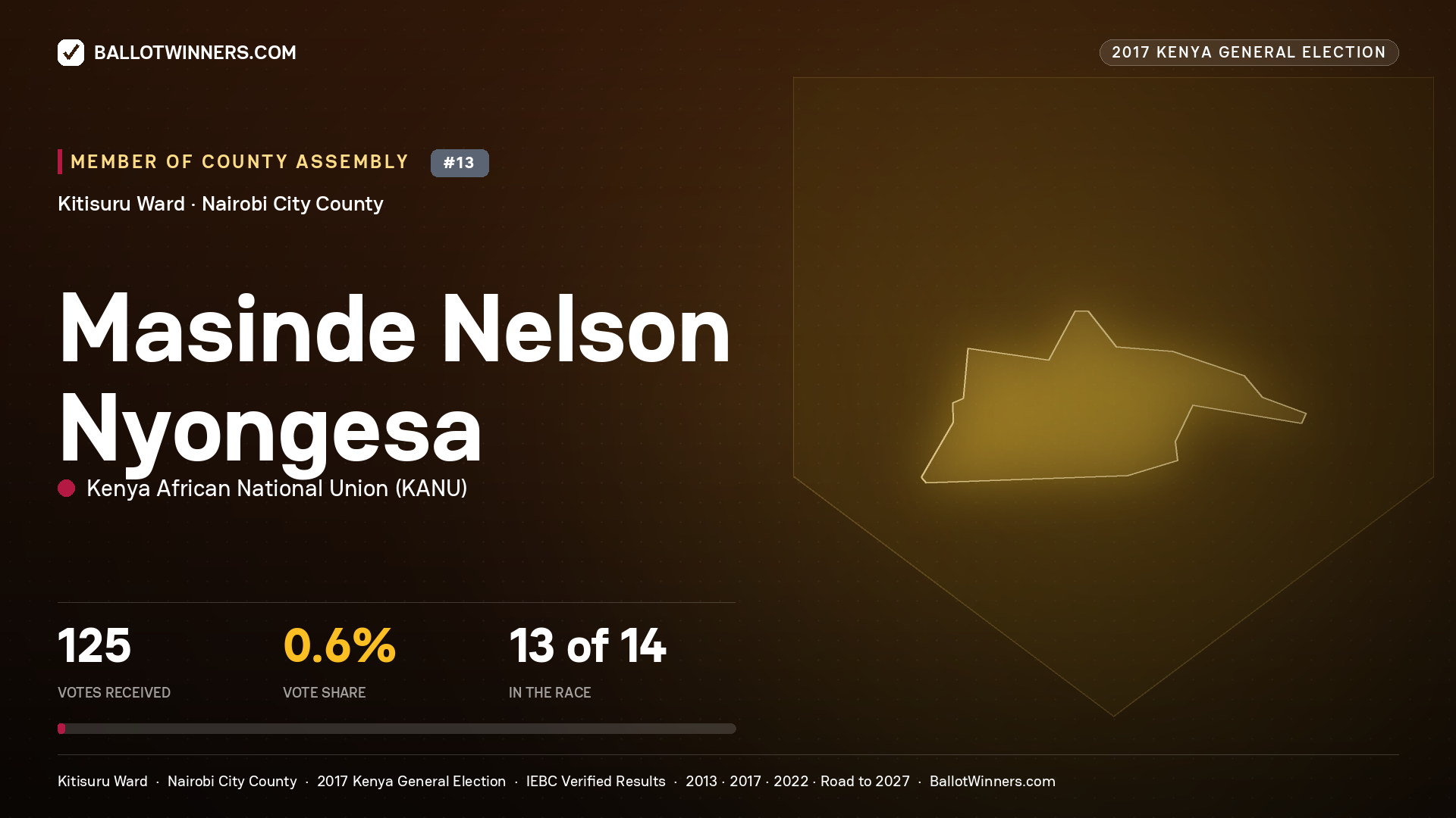 MASINDE NELSON NYONGESA, KENYA AFRICAN NATIONAL UNION, contested Member of County Assembly for KITISURU, 125 votes, 2017 Kenya general election.