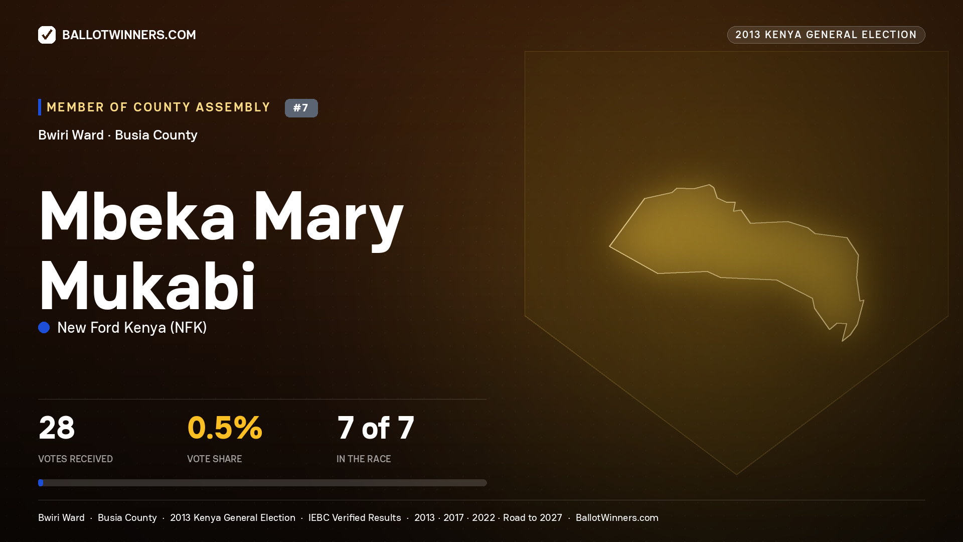 MBEKA MARY MUKABI, contested Member of County Assembly for BWIRI, 28 votes, 2013 Kenya general election.