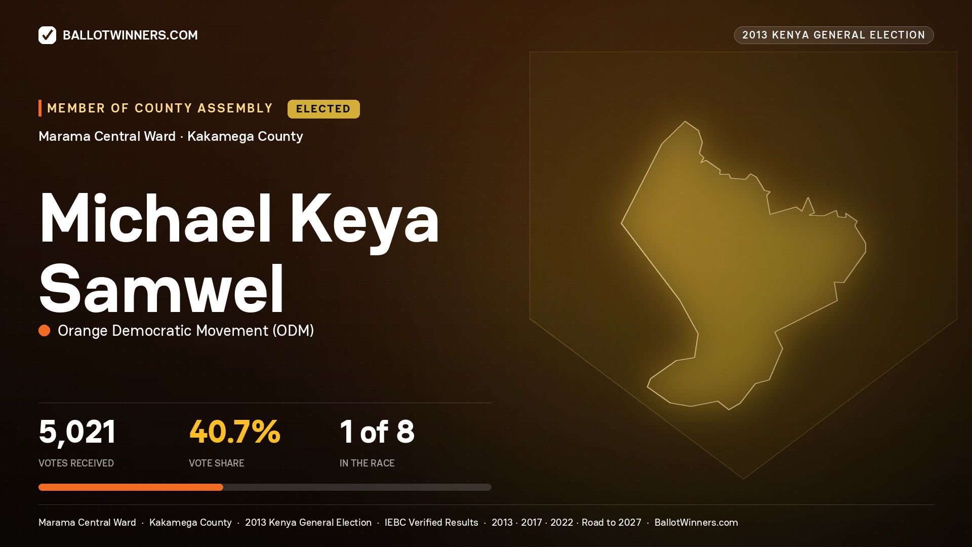 MICHAEL KEYA SAMWEL, elected Member of County Assembly for MARAMA CENTRAL, 5,021 votes, 2013 Kenya general election.