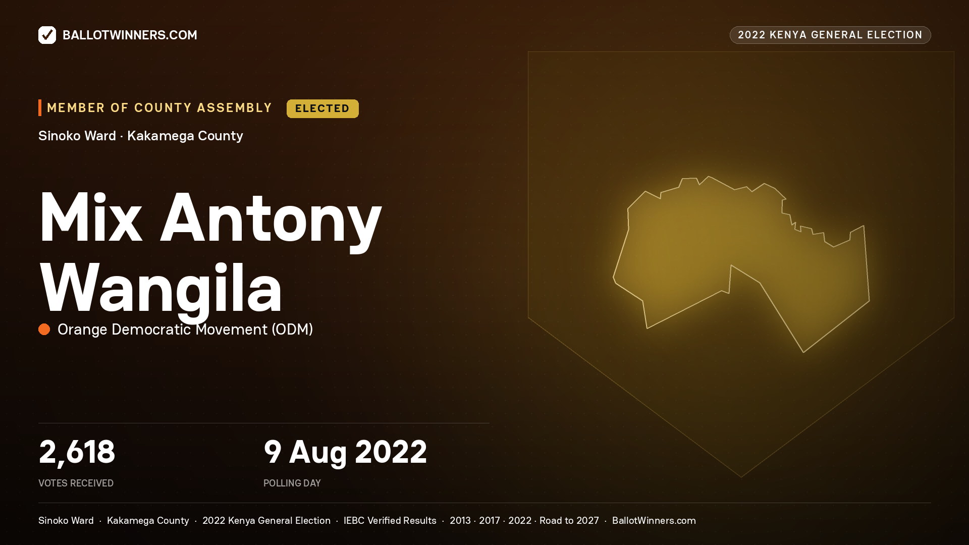 Mix Antony Wangila, Orange Democratic
Movement, elected Member of County Assembly for Sinoko, 2,618 votes, 2022 Kenya general election.