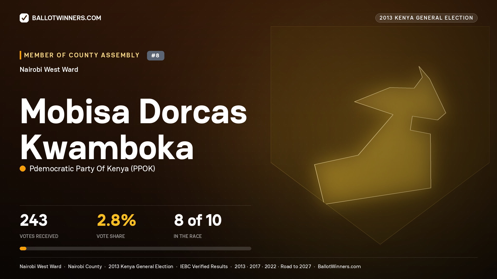 MOBISA DORCAS KWAMBOKA, contested Member of County Assembly for NAIROBI WEST, 243 votes, 2013 Kenya general election.