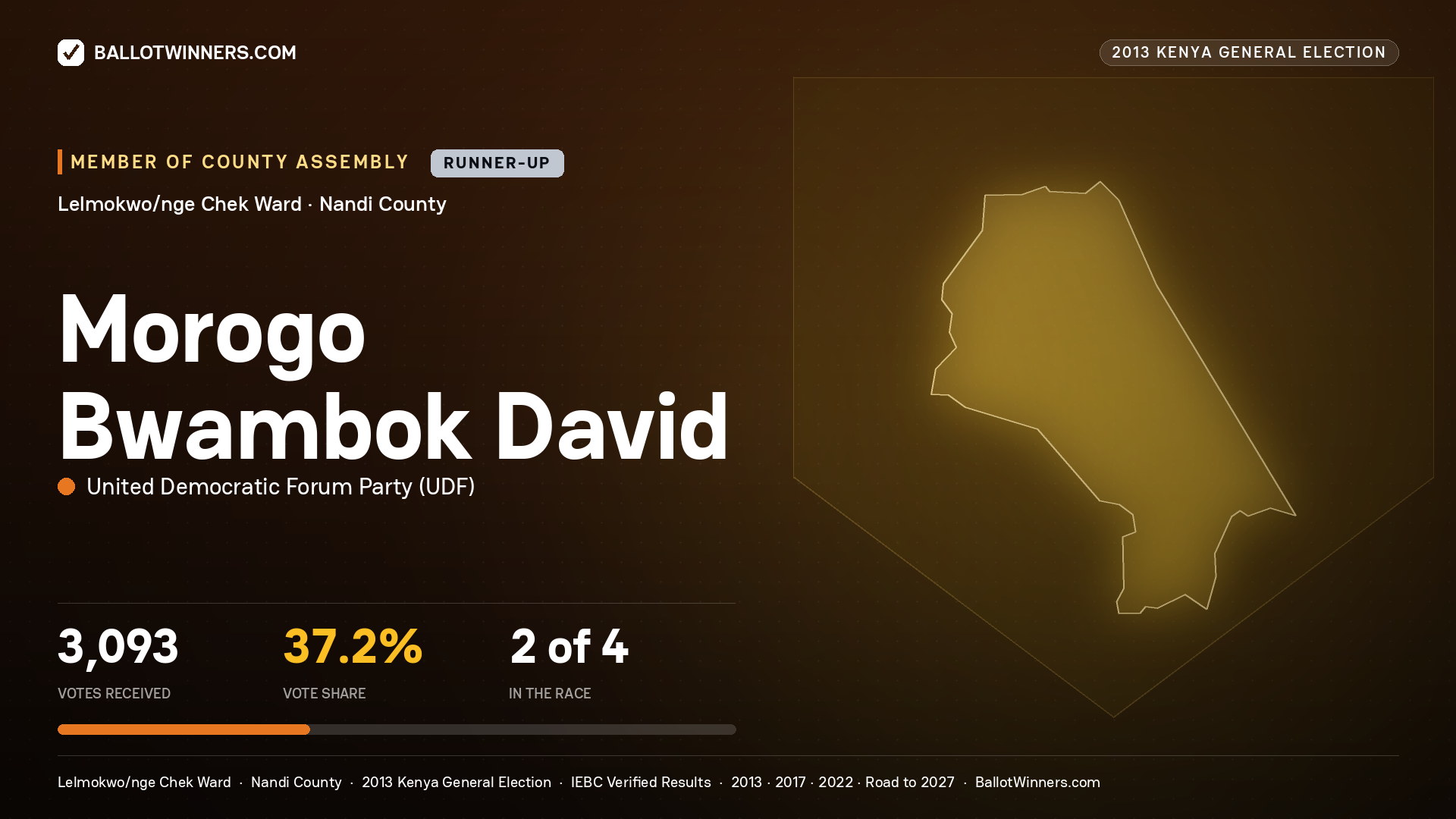 MOROGO BWAMBOK DAVID, contested Member of County Assembly for LELMOKWO/NGE
CHEK, 3,093 votes, 2013 Kenya general election.
