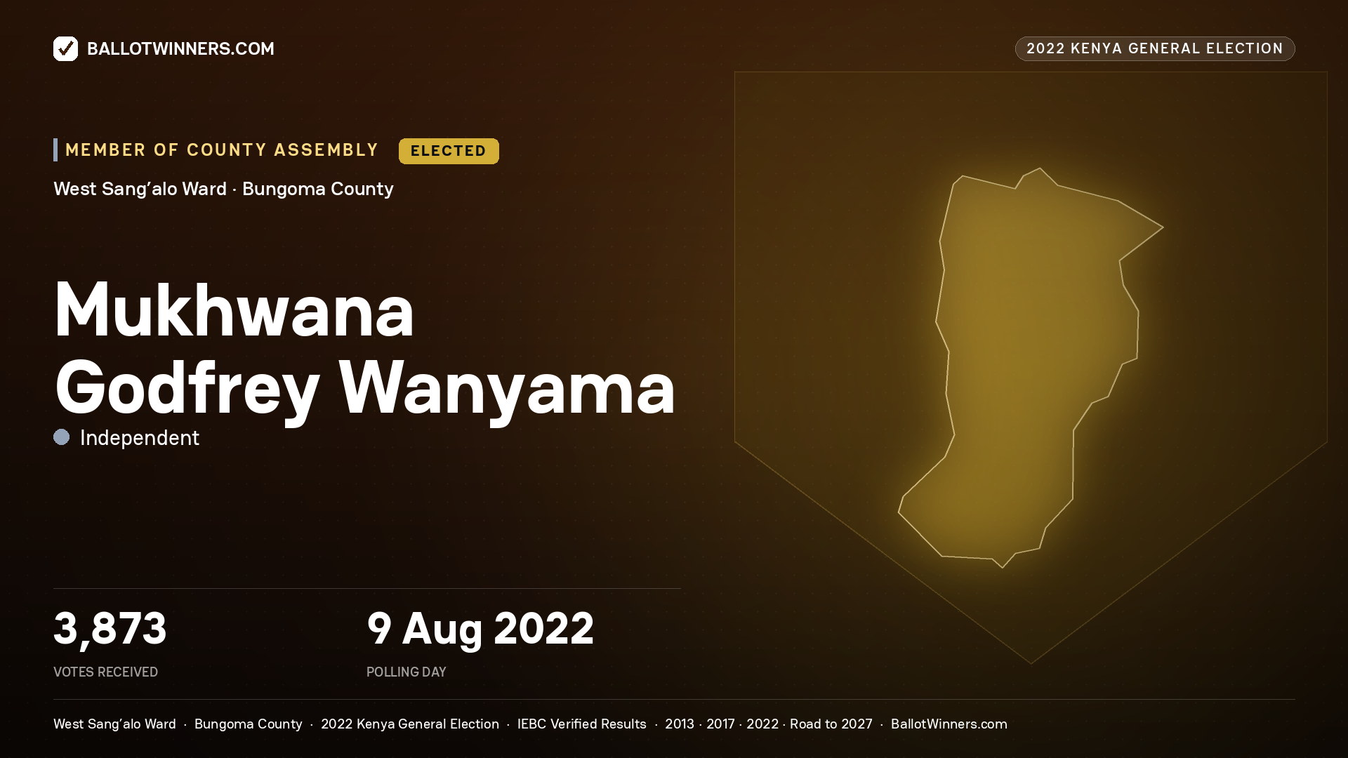 Mukhwana Godfrey Wanyama, Independent, elected Member of County Assembly for West Sang’alo, 3,873 votes, 2022 Kenya general election.