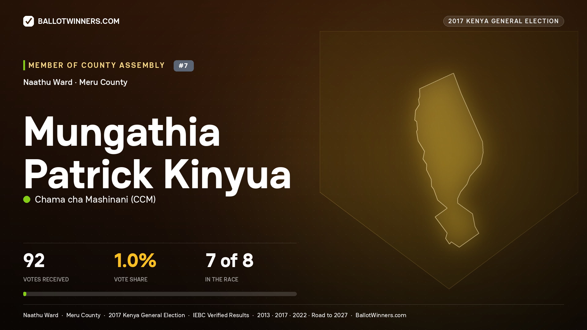 MUNGATHIA PATRICK KINYUA, CHAMA CHA MASHINANI, contested Member of County Assembly for NAATHU, 92 votes, 2017 Kenya general election.