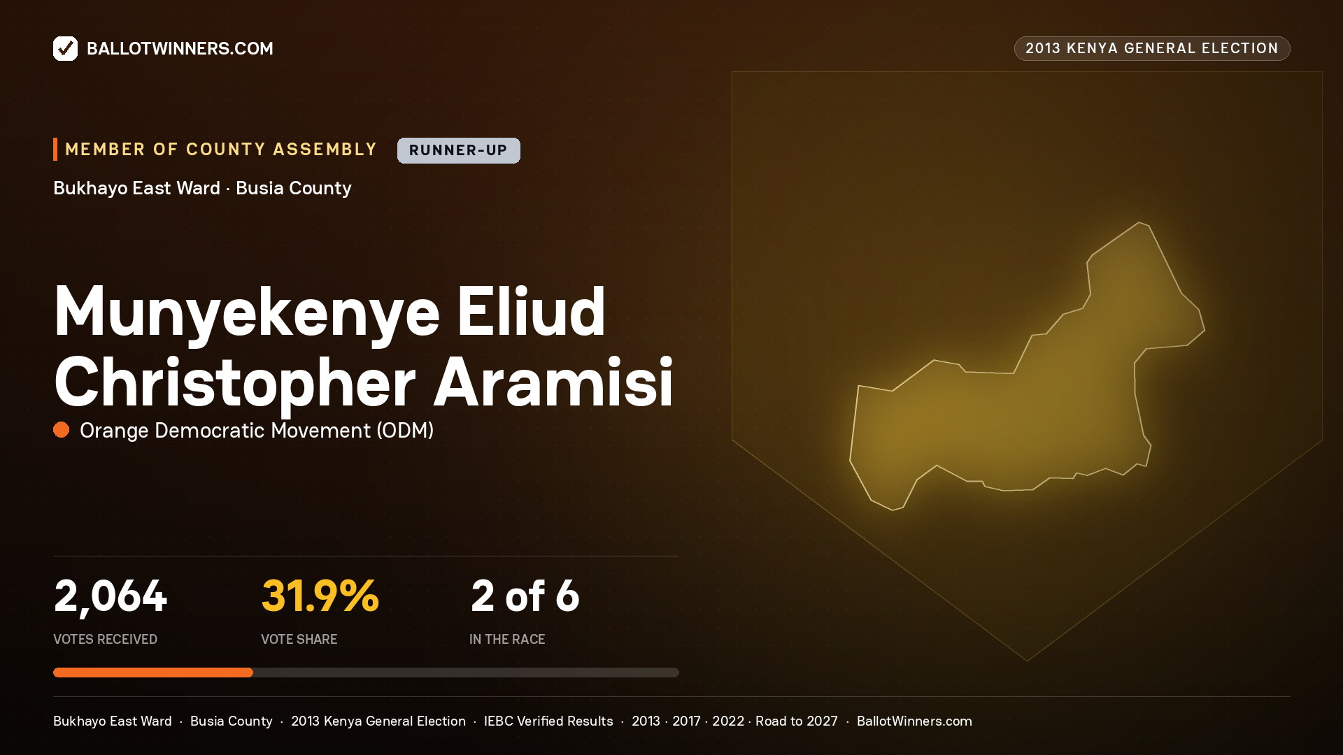MUNYEKENYE ELIUD CHRISTOPHER ARAMISI, contested Member of County Assembly for BUKHAYO EAST, 2,064 votes, 2013 Kenya general election.