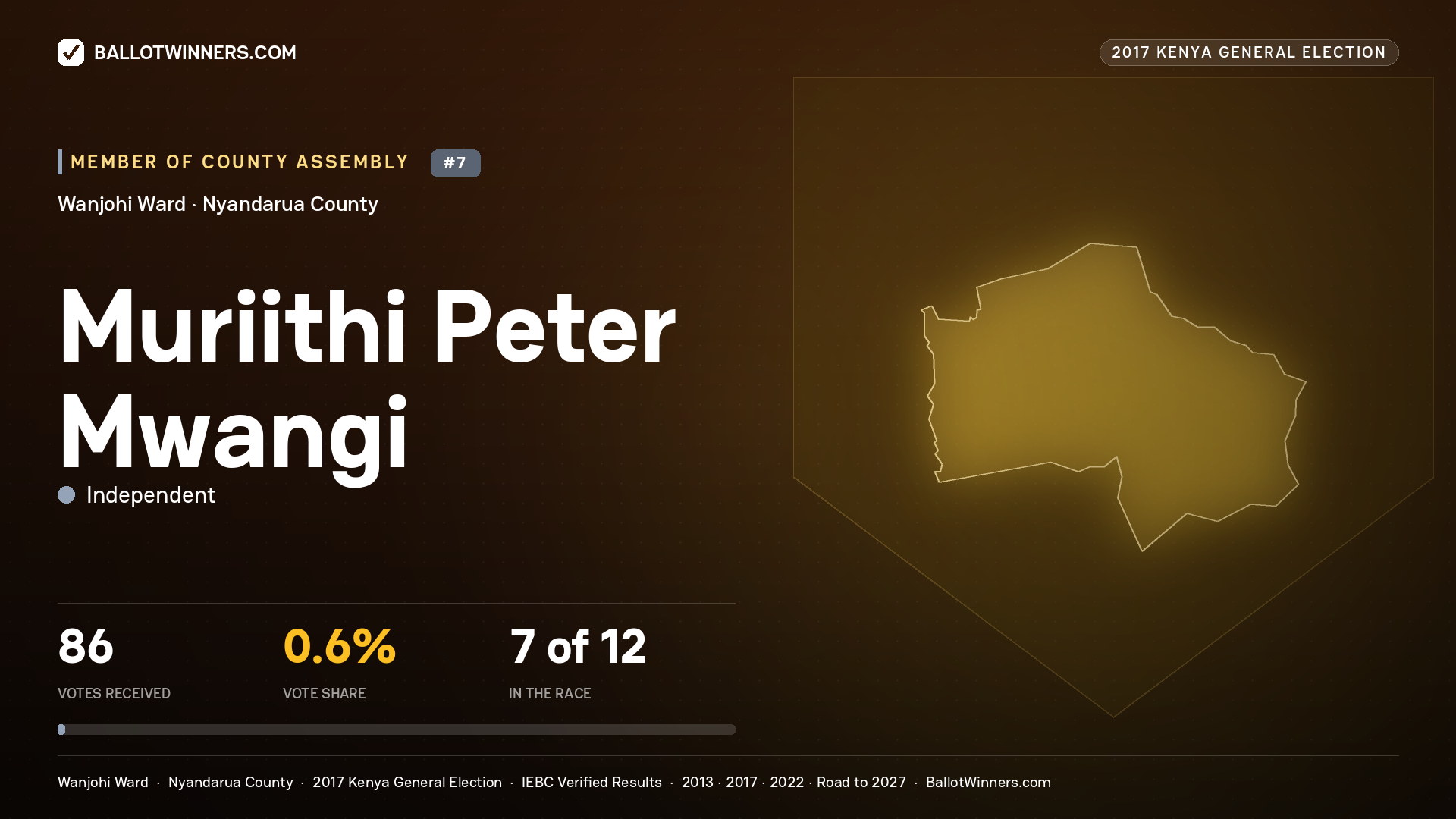 MURIITHI PETER MWANGI, INDEPENDENT, contested Member of County Assembly for WANJOHI, 86 votes, 2017 Kenya general election.