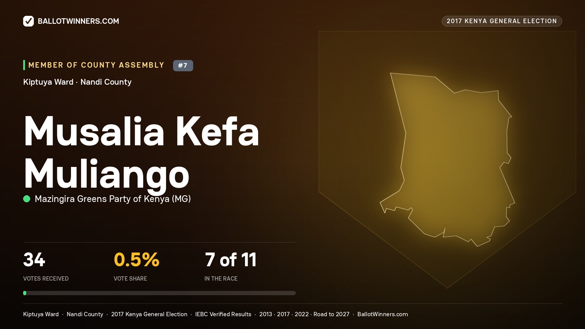 MUSALIA KEFA MULIANGO, MAZINGIRA GREENS PARTY OF KENYA, contested Member of County Assembly for KIPTUYA, 34 votes, 2017 Kenya general election.