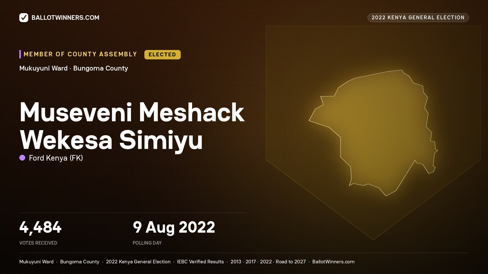 Museveni Meshack Wekesa Simiyu, Ford Kenya, elected Member of County Assembly for Mukuyuni, 4,484 votes, 2022 Kenya general election.