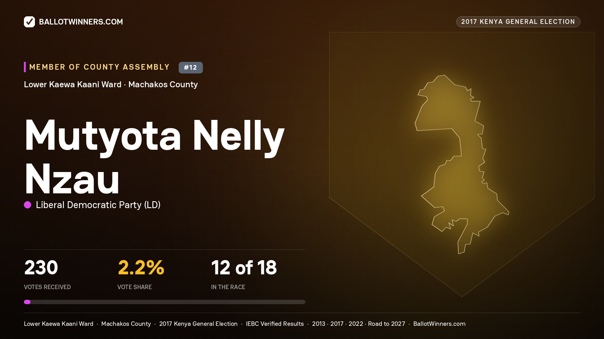 MUTYOTA NELLY NZAU, LIBERAL DEMOCRATIC PARTY, contested Member of County Assembly for LOWER KAEWA KAANI, 230 votes, 2017 Kenya general election.