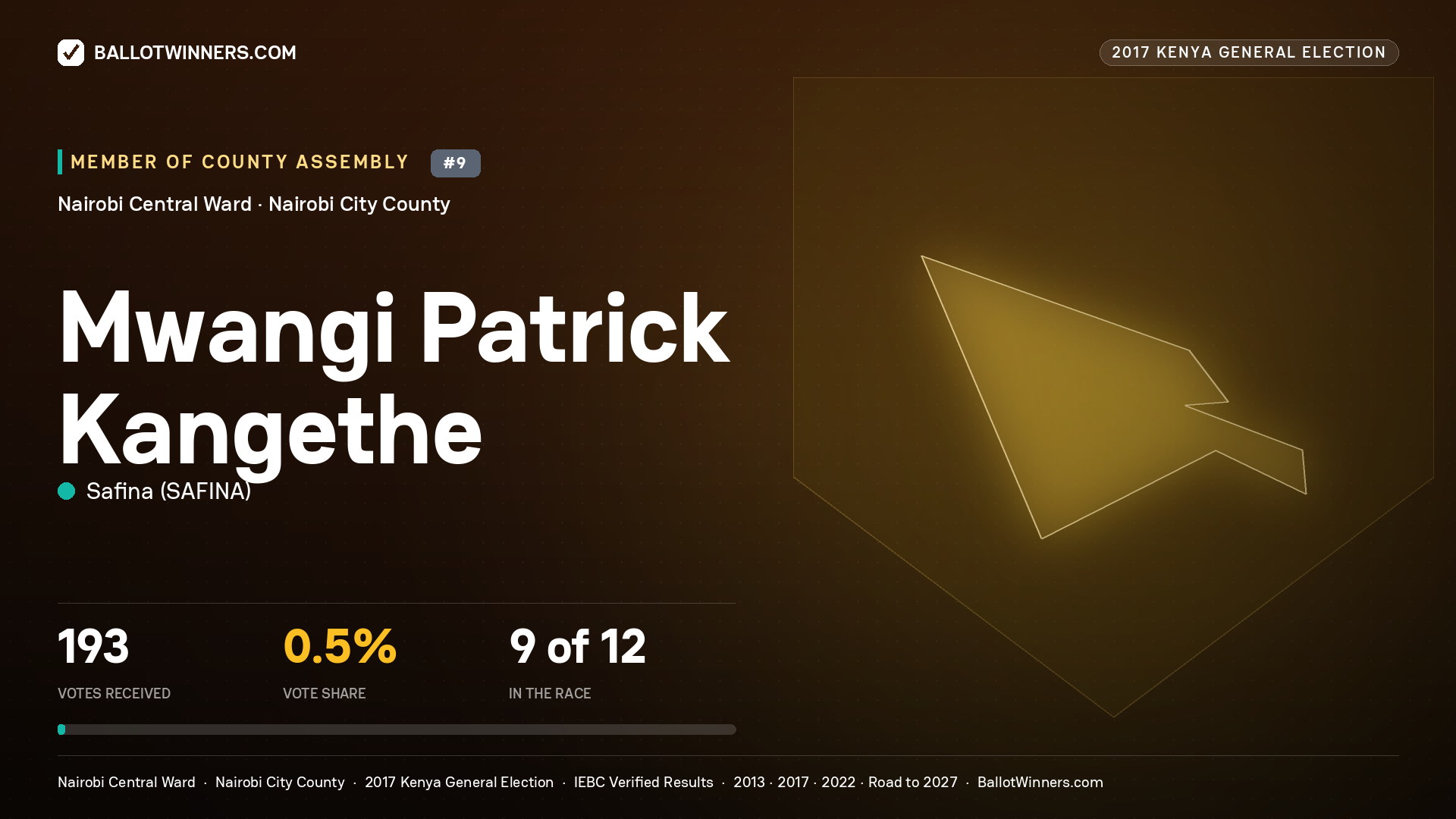 MWANGI PATRICK KANGETHE, SAFINA, contested Member of County Assembly for NAIROBI CENTRAL, 193 votes, 2017 Kenya general election.