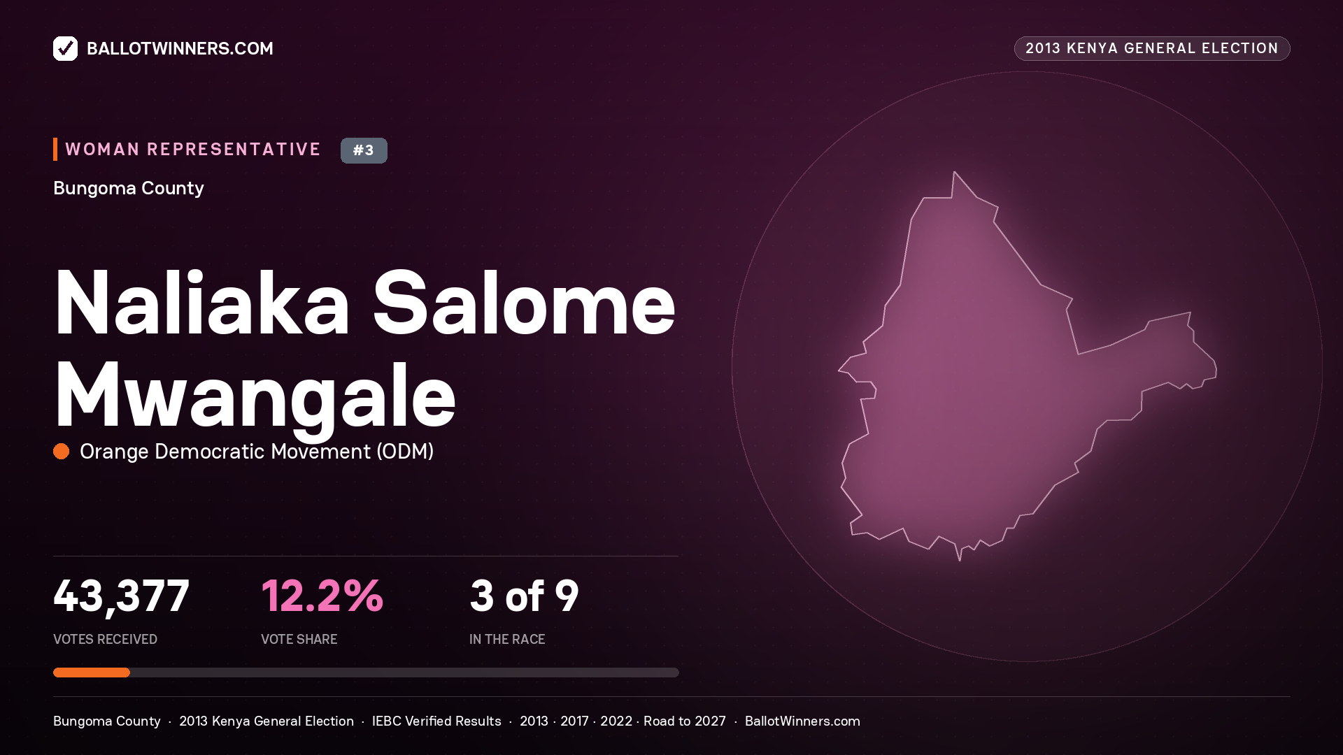 NALIAKA SALOME MWANGALE, contested Women Representative for BUNGOMA, 43,377 votes, 2013 Kenya general election.