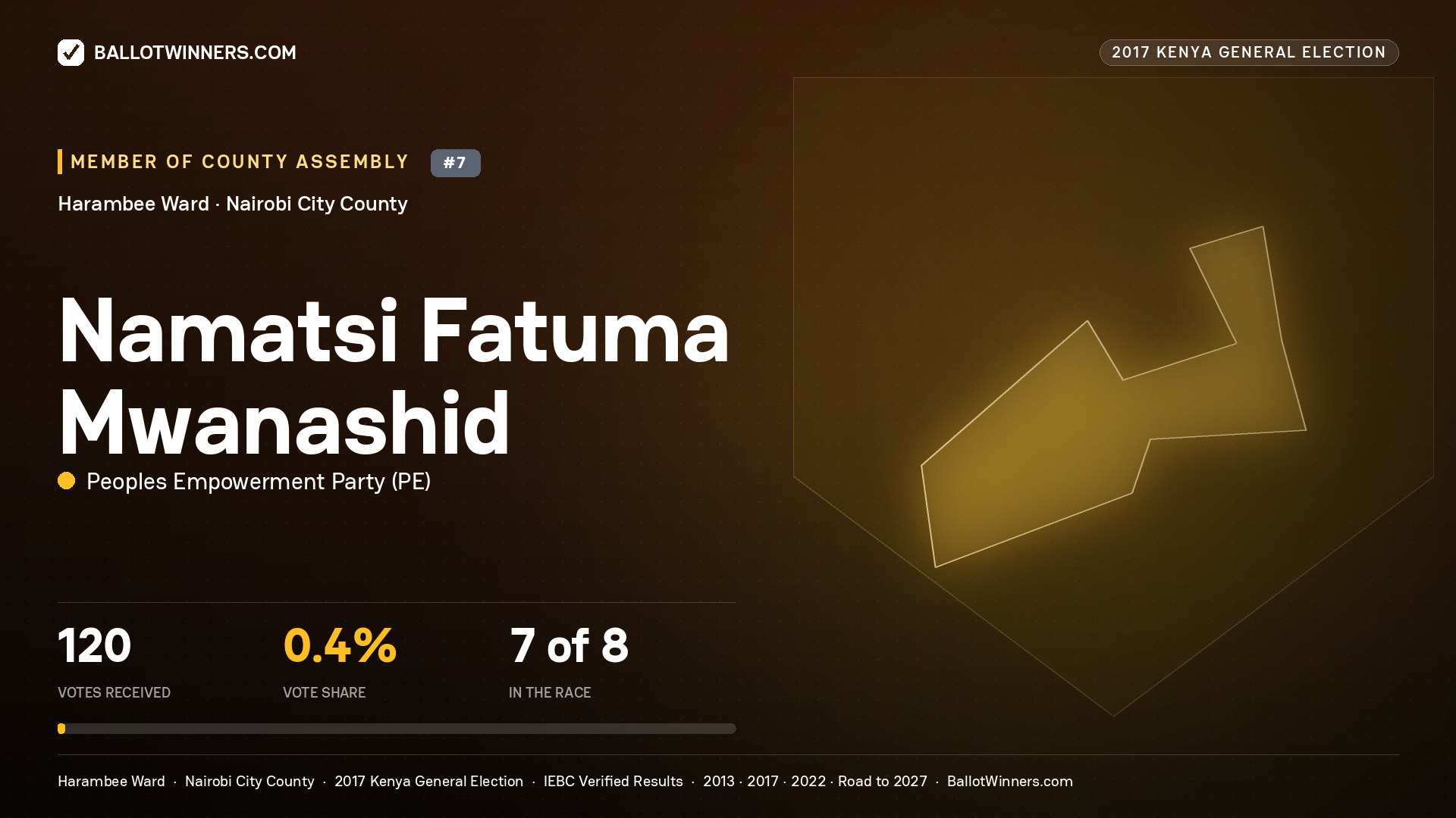 NAMATSI FATUMA MWANASHID, PEOPLES EMPOWERMENT PARTY, contested Member of County Assembly for HARAMBEE, 120 votes, 2017 Kenya general election.