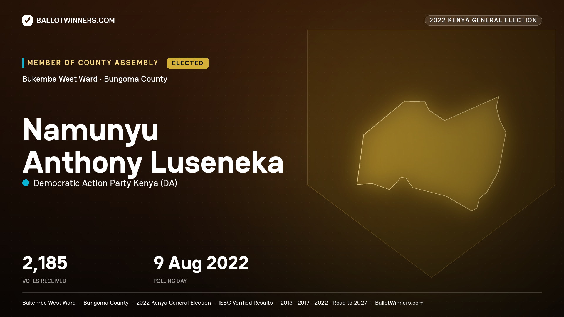Namunyu Anthony Luseneka, Democratic Action Party Kenya, elected Member of County Assembly for Bukembe West, 2,185 votes, 2022 Kenya general election.