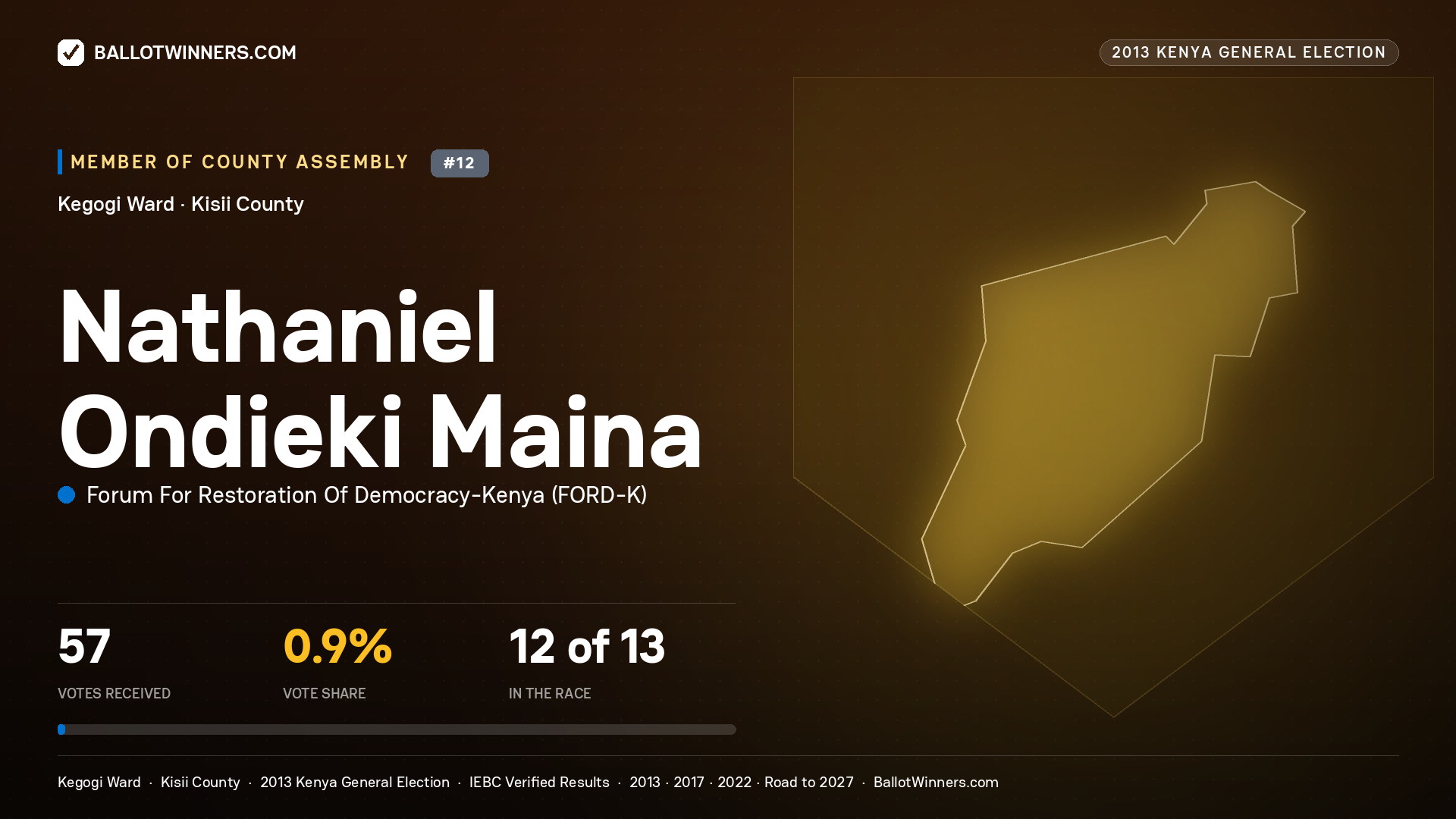 NATHANIEL ONDIEKI MAINA, contested Member of County Assembly for KEGOGI, 57 votes, 2013 Kenya general election.