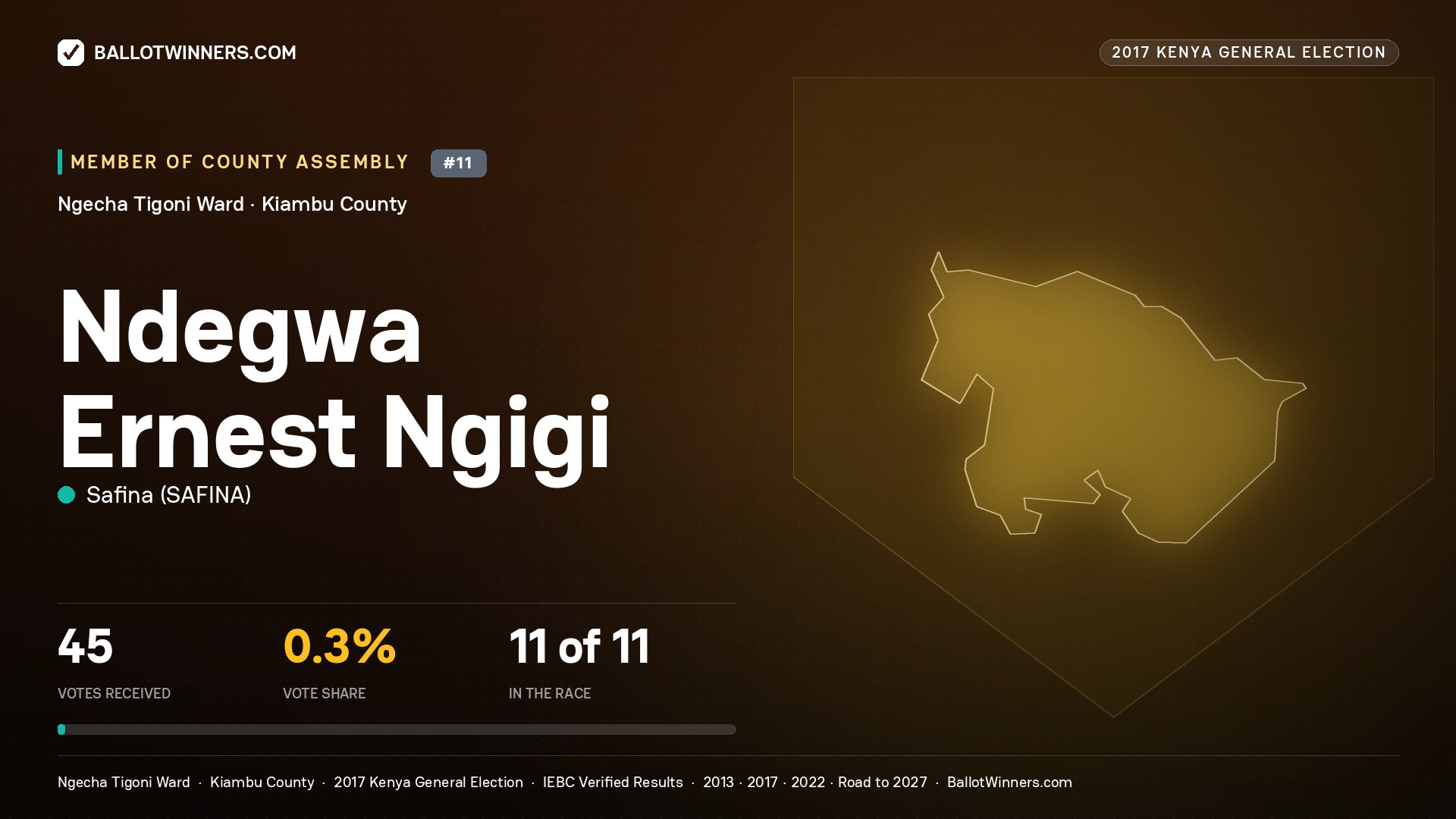 NDEGWA ERNEST NGIGI, SAFINA, contested Member of County Assembly for NGECHA TIGONI, 45 votes, 2017 Kenya general election.