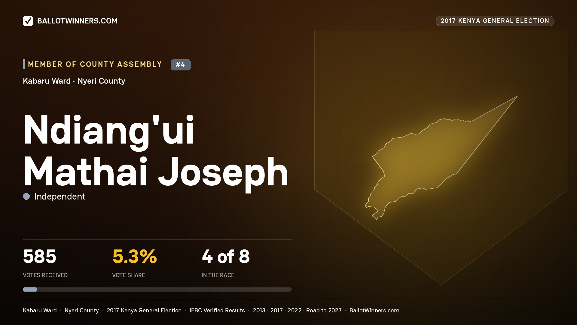 NDIANG'UI MATHAI JOSEPH, INDEPENDENT, contested Member of County Assembly for KABARU, 585 votes, 2017 Kenya general election.