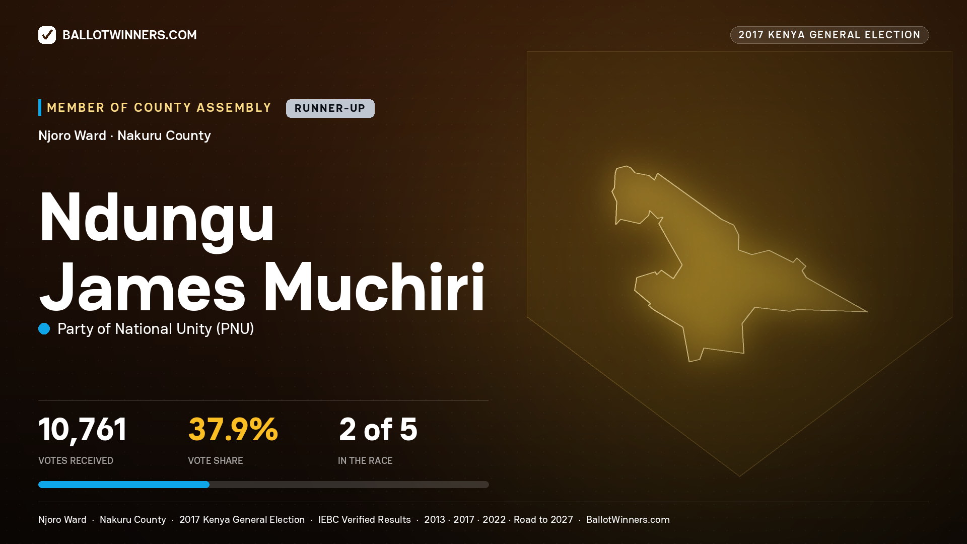 NDUNGU JAMES MUCHIRI, PARTY OF NATIONAL UNITY, contested Member of County Assembly for NJORO, 10,761 votes, 2017 Kenya general election.