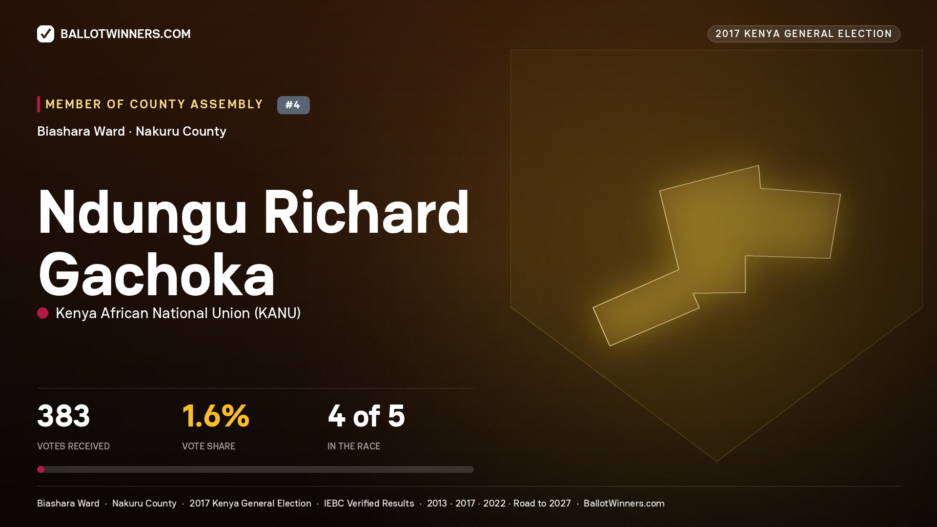 NDUNGU RICHARD GACHOKA, KENYA AFRICAN NATIONAL UNION, contested Member of County Assembly for BIASHARA, 383 votes, 2017 Kenya general election.