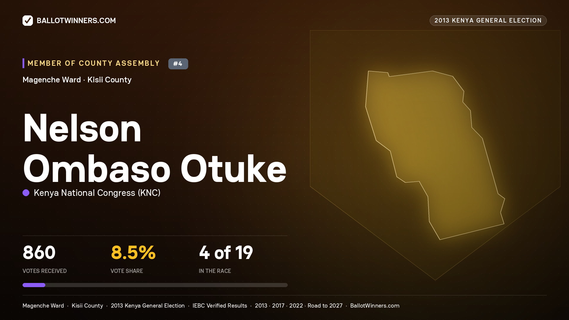 NELSON OMBASO OTUKE, contested Member of County Assembly for MAGENCHE, 860 votes, 2013 Kenya general election.